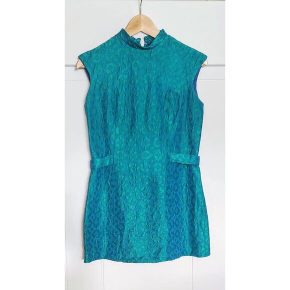 Vintage Aqua brocade 1960s mini dress size 6 US - Picture 1 of 3